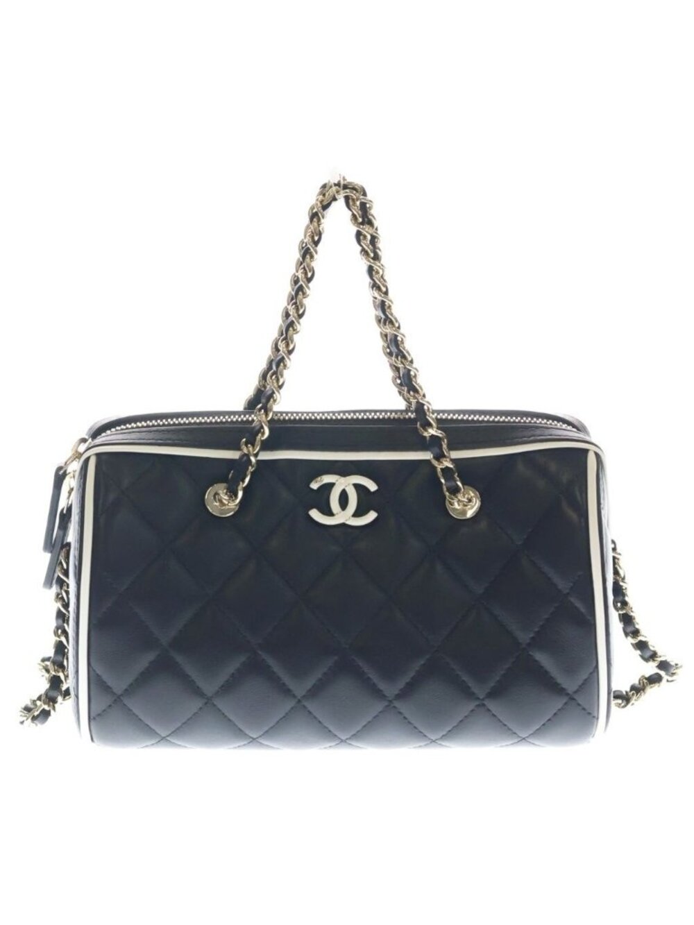Chanel Quilted Boston Shoulder Bag Chain Black White Lambskin Gold